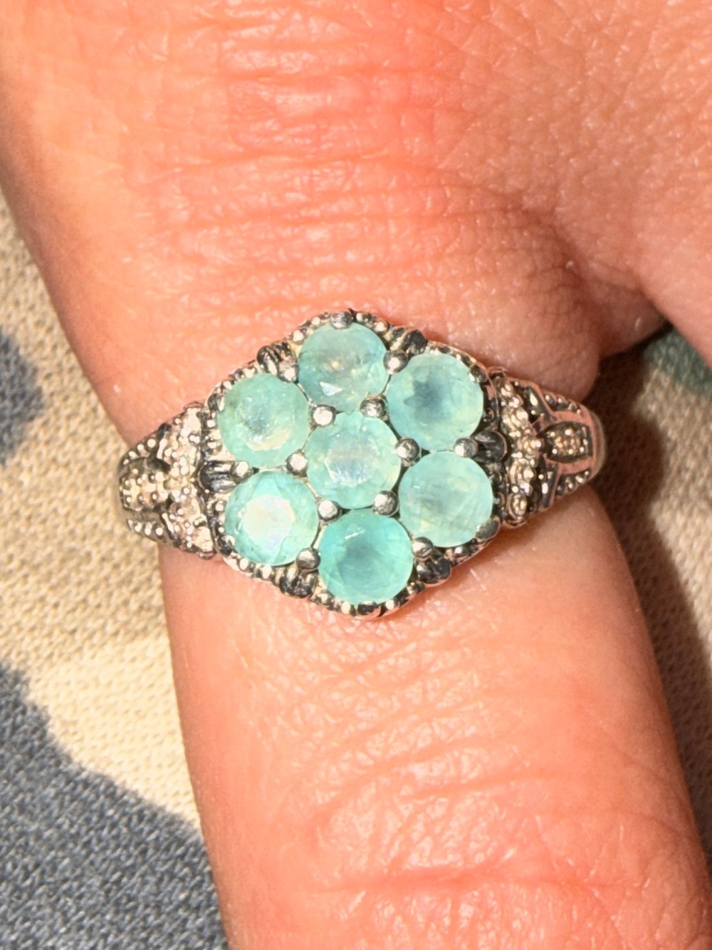 ✨Rare ✨925 Sterling Silver Grandidierite & Diamond Flower Cluster Ring Sz8 - Picture 15 of 17